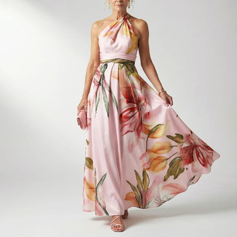 Quinn - Women’s Draped Halter Floral Evening Dress