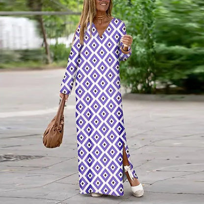 Geometric Print Split Maxi Casual Dress