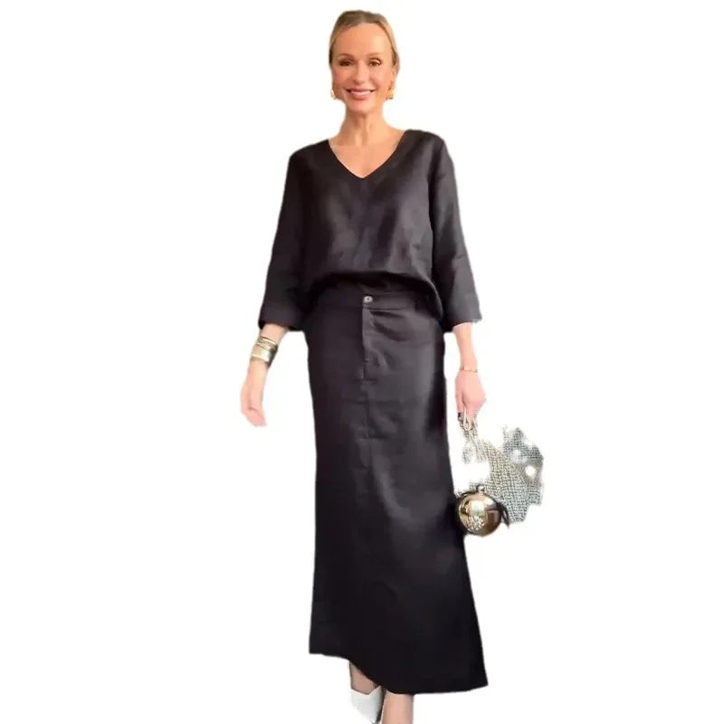 Ensemble deux pièces pour femme, chemisier et jupe, couleur unie