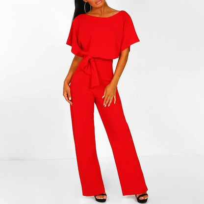 Samantha - Women's Short Sleeve Belted Wide Leg Jumpsuit