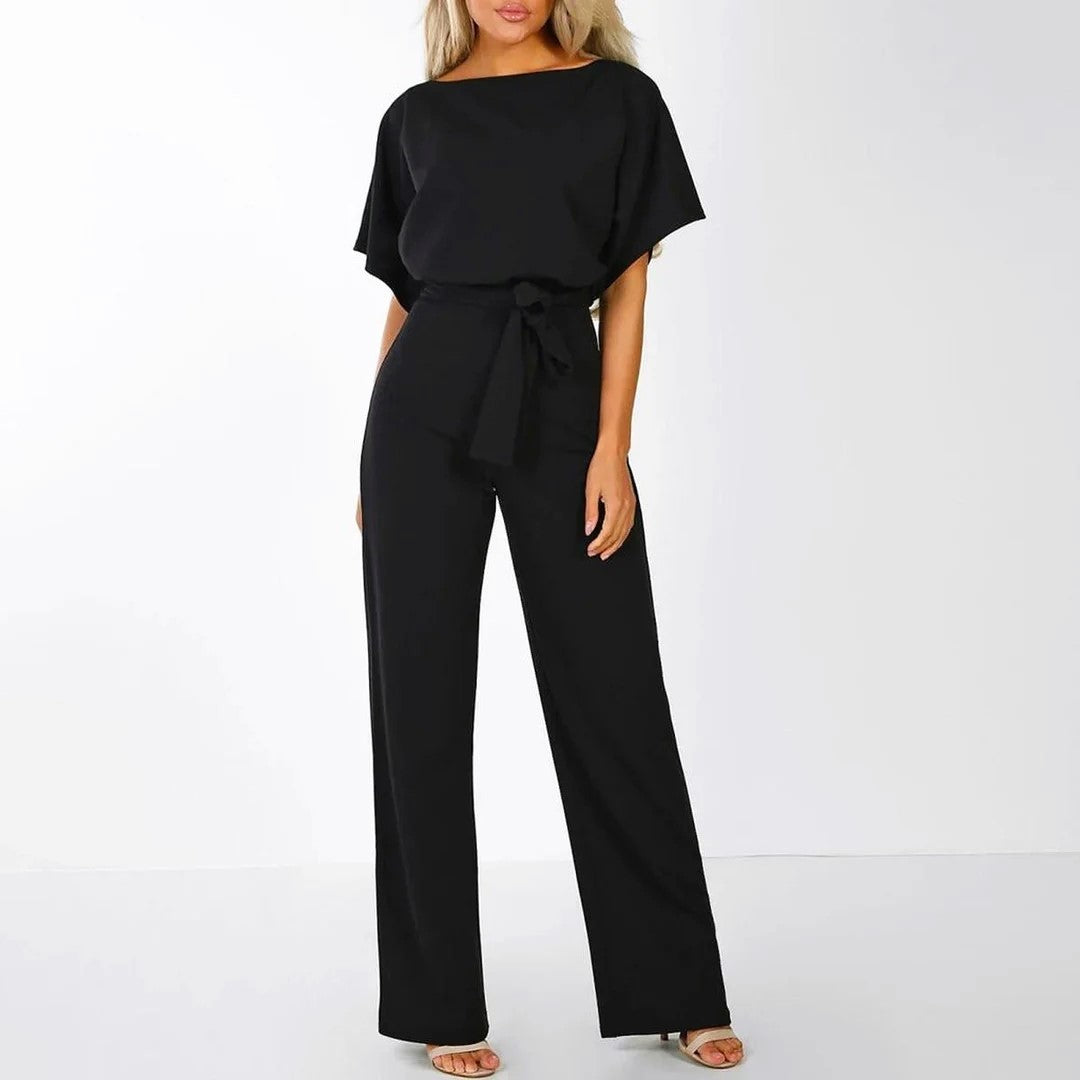 Samantha - Women's Short Sleeve Belted Wide Leg Jumpsuit
