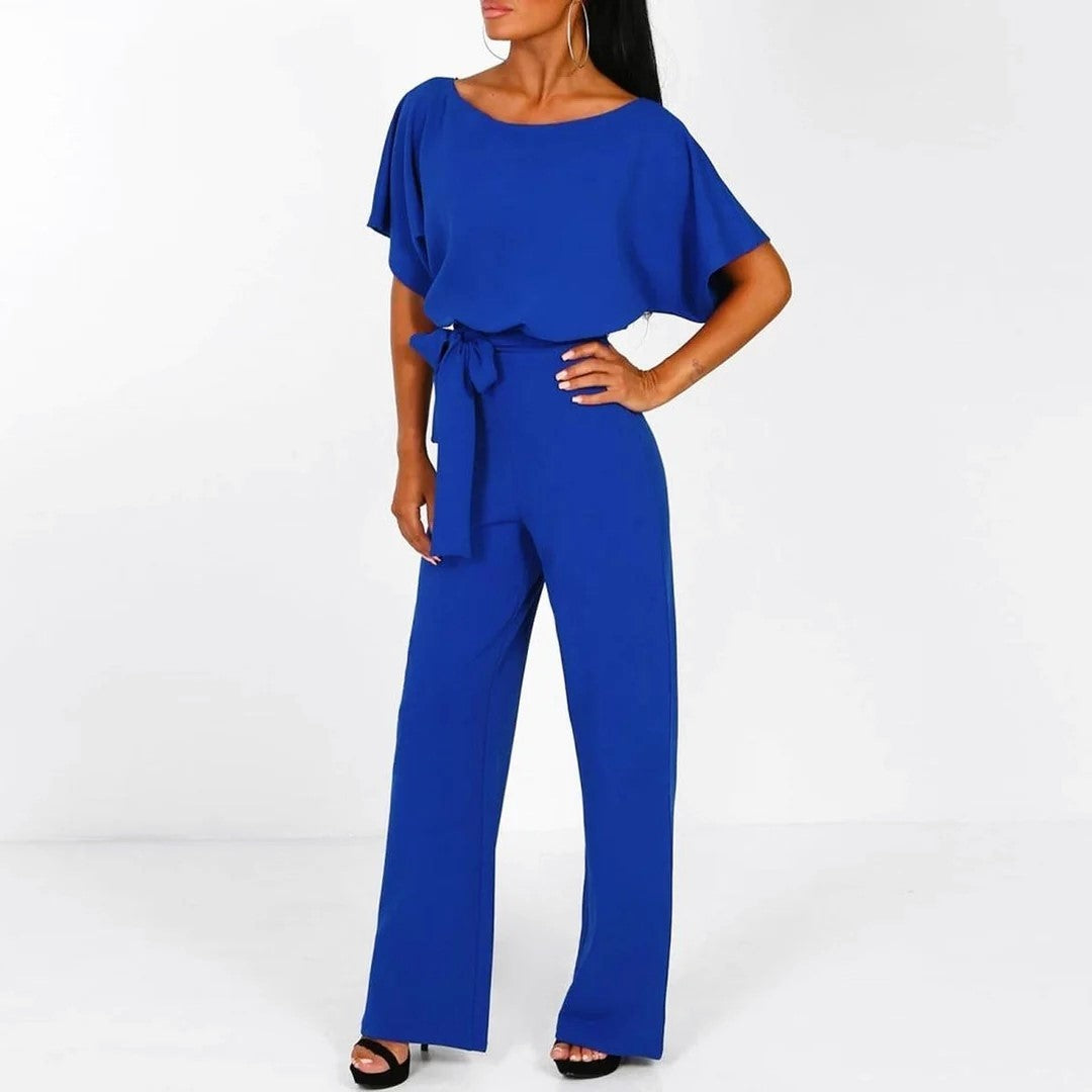 Samantha - Women's Short Sleeve Belted Wide Leg Jumpsuit