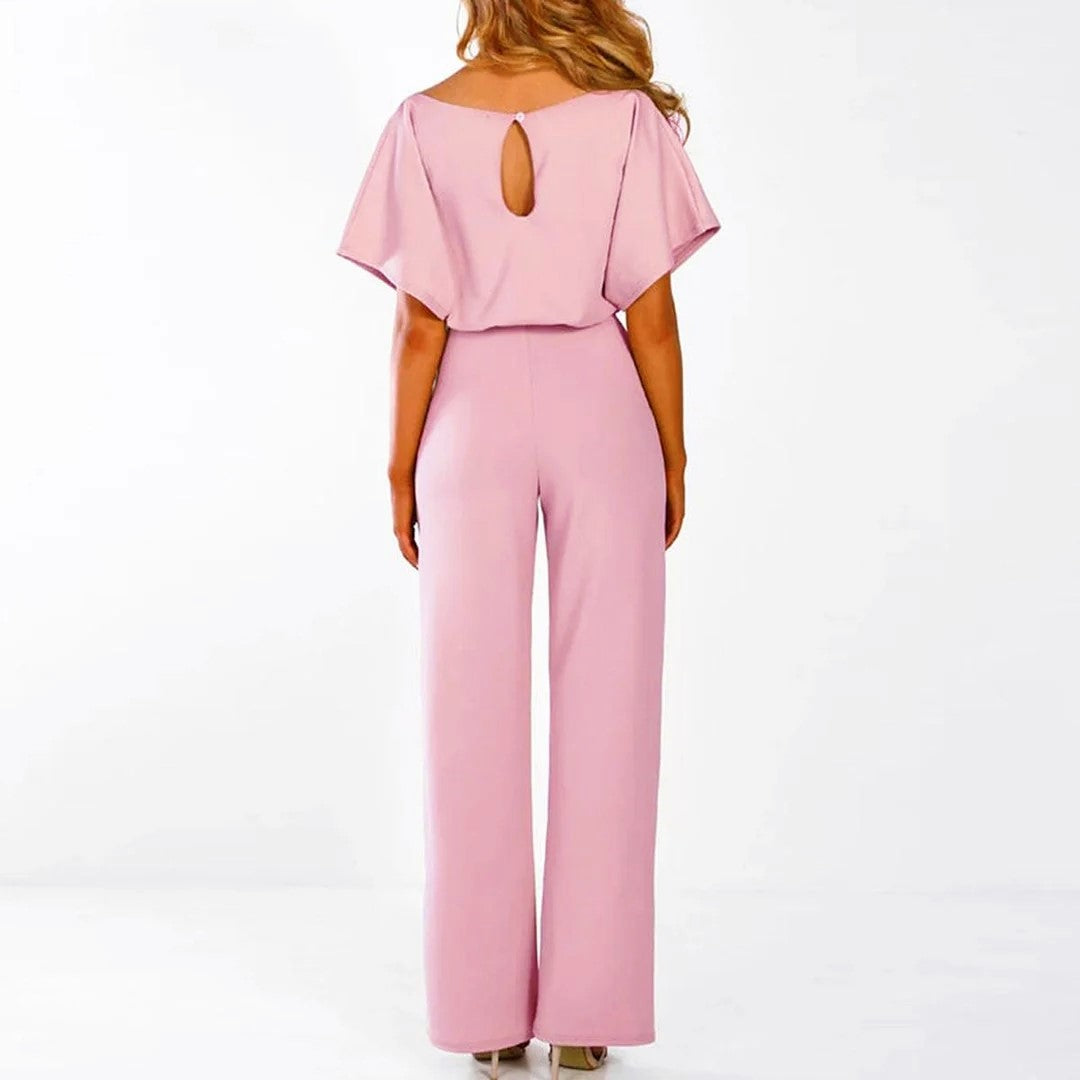 Samantha - Women's Short Sleeve Belted Wide Leg Jumpsuit