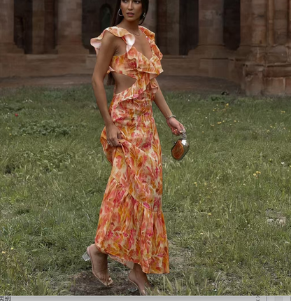 Backless Cut Out Floral Print Ruffle Slit Maxi Cami Dress