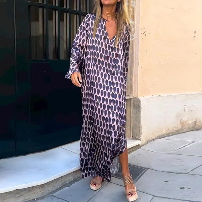 Geometric Print Split Maxi Casual Dress