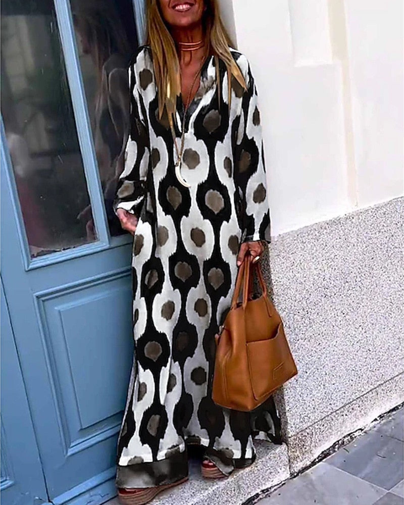 Geometric Print Split Maxi Casual Dress