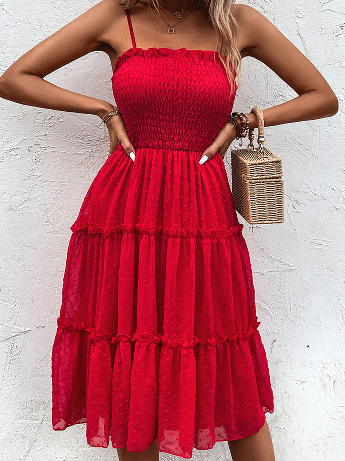 Blue Zone Planet | Smocked Sleeveless Swiss Dot Midi Dress