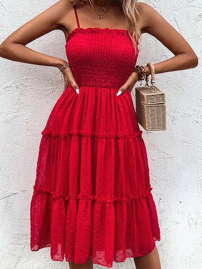 Blue Zone Planet | Smocked Sleeveless Swiss Dot Midi Dress