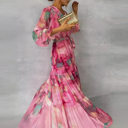 Sofia Amoretti Floral Maxi Dress with Ruffled Sleeves