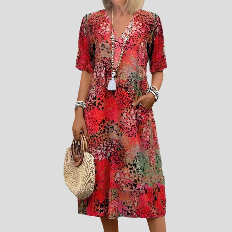 Sofia Amoretti Printed Midi Dress with V-Neck