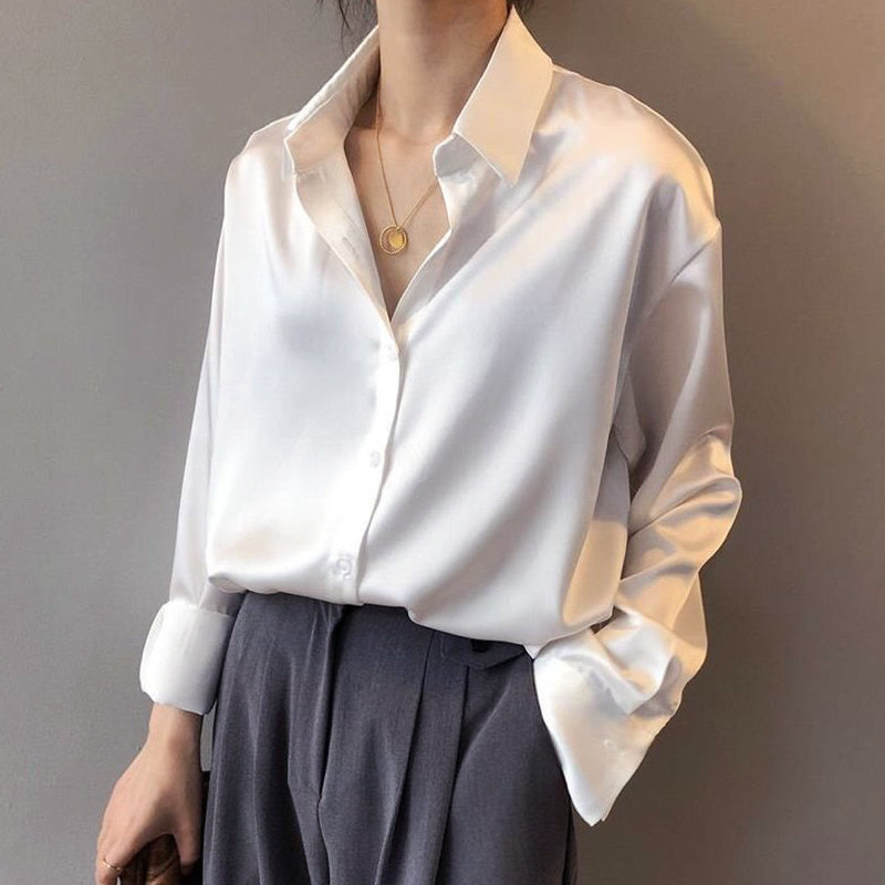 Sofia Amoretti Relaxed Satin Button-Up Blouse