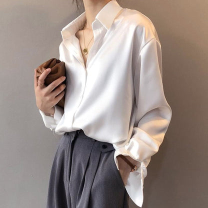Sofia Amoretti Relaxed Satin Button-Up Blouse