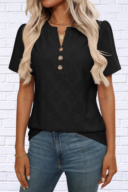 Eyelet Notched Short Sleeve Top