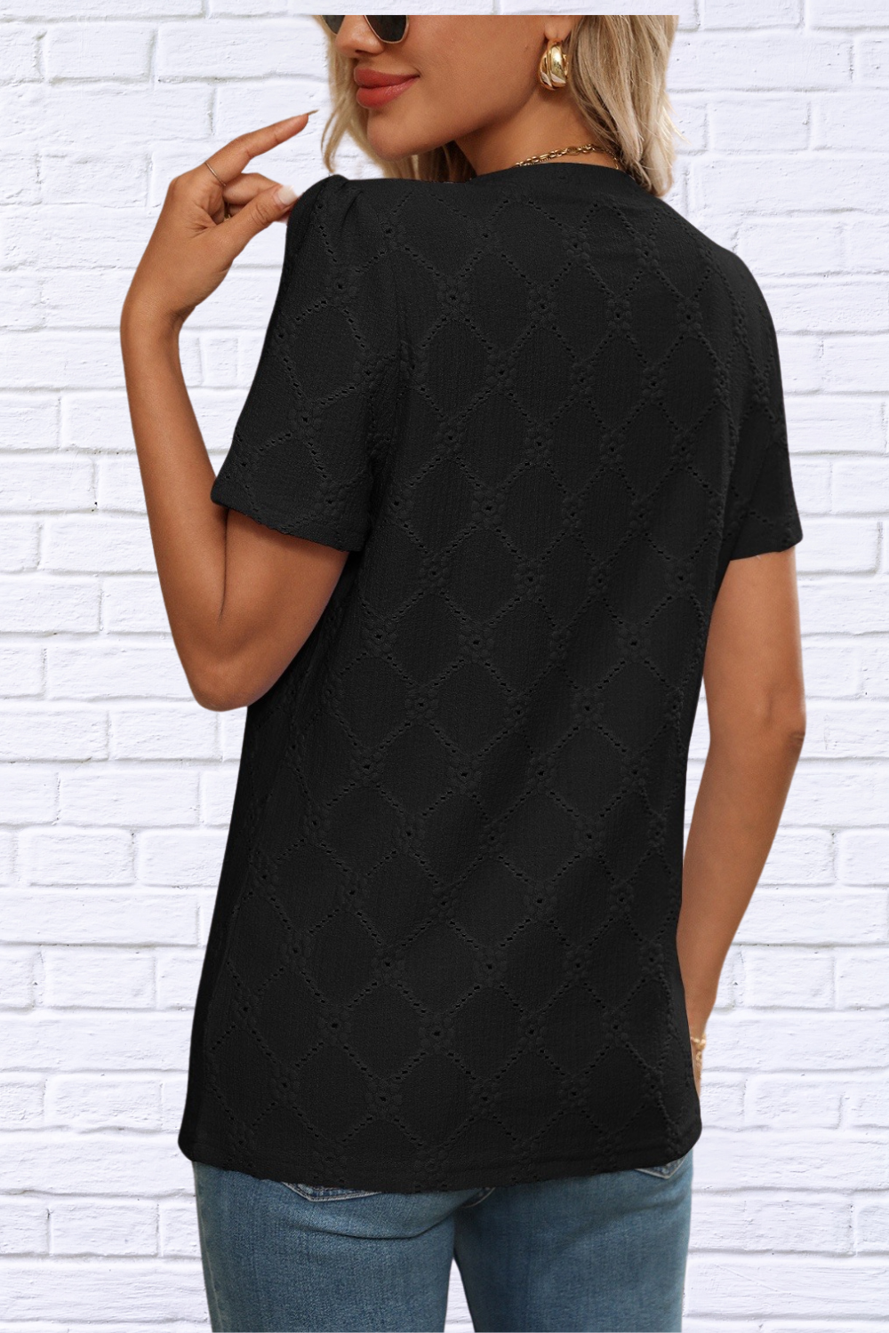 Eyelet Notched Short Sleeve Top