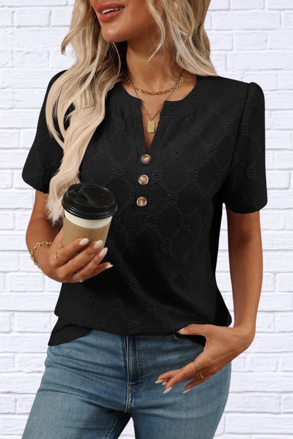 Eyelet Notched Short Sleeve Top