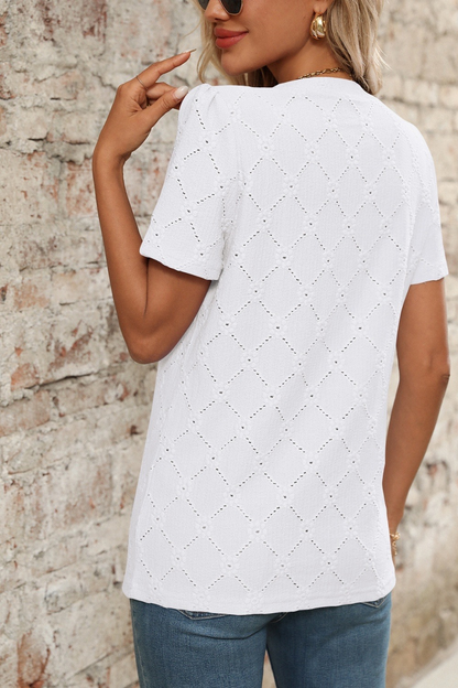 Eyelet Notched Short Sleeve Top