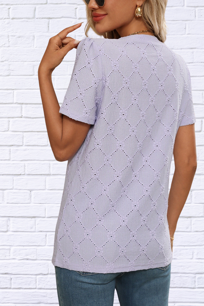 Eyelet Notched Short Sleeve Top