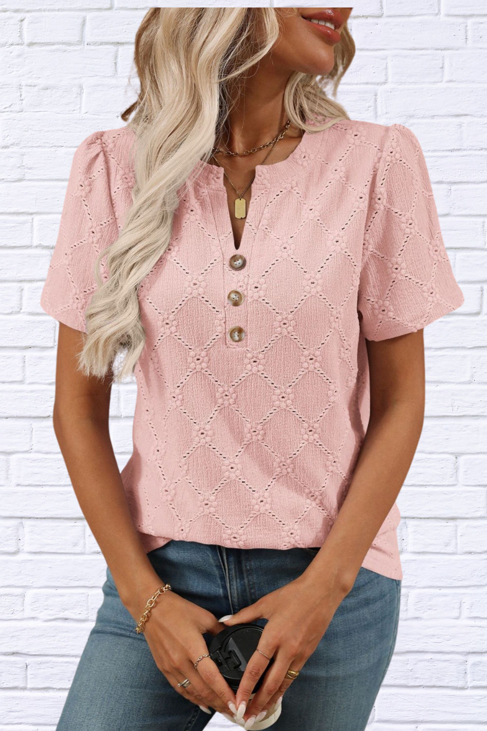 Eyelet Notched Short Sleeve Top