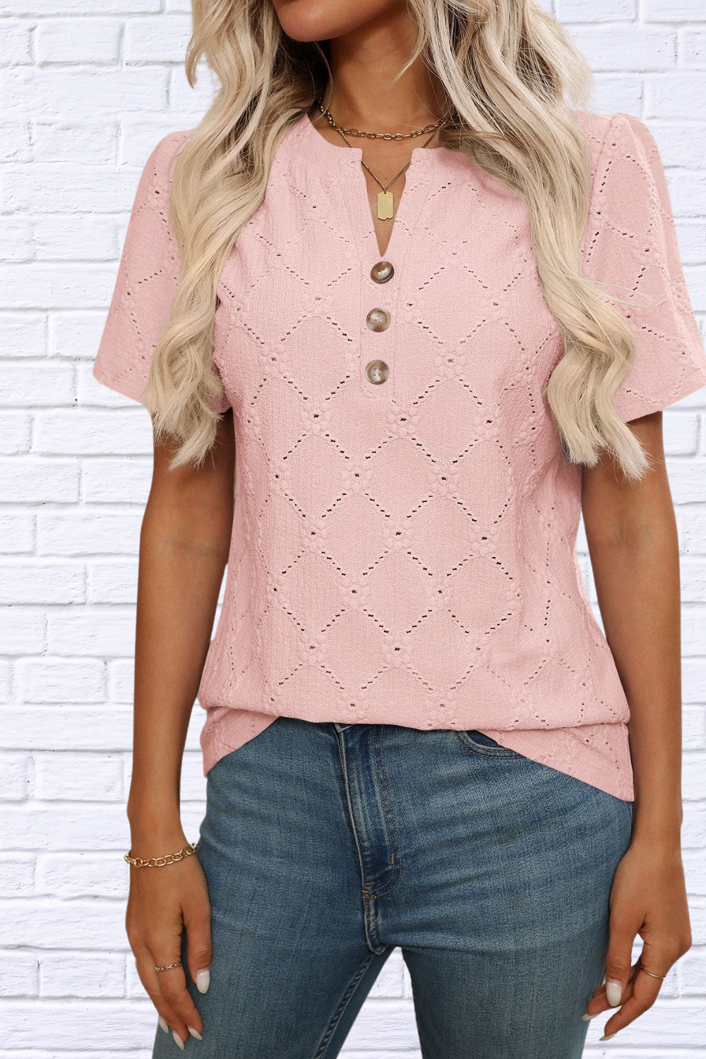 Eyelet Notched Short Sleeve Top