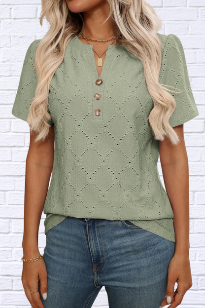 Eyelet Notched Short Sleeve Top