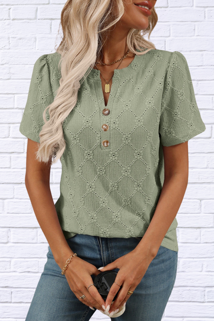 Eyelet Notched Short Sleeve Top