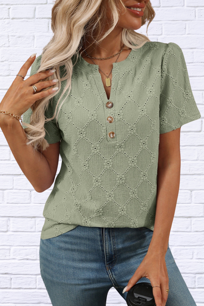 Eyelet Notched Short Sleeve Top