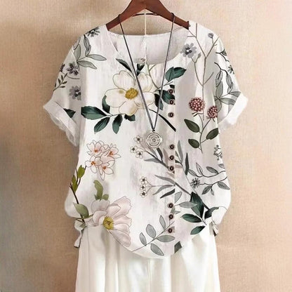 Valentina Rossi Leaf Print Top with Round Neck