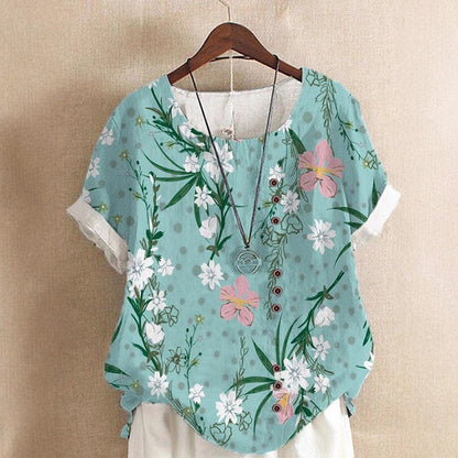 Valentina Rossi Leaf Print Top with Round Neck