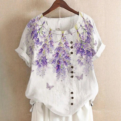Valentina Rossi Leaf Print Top with Round Neck