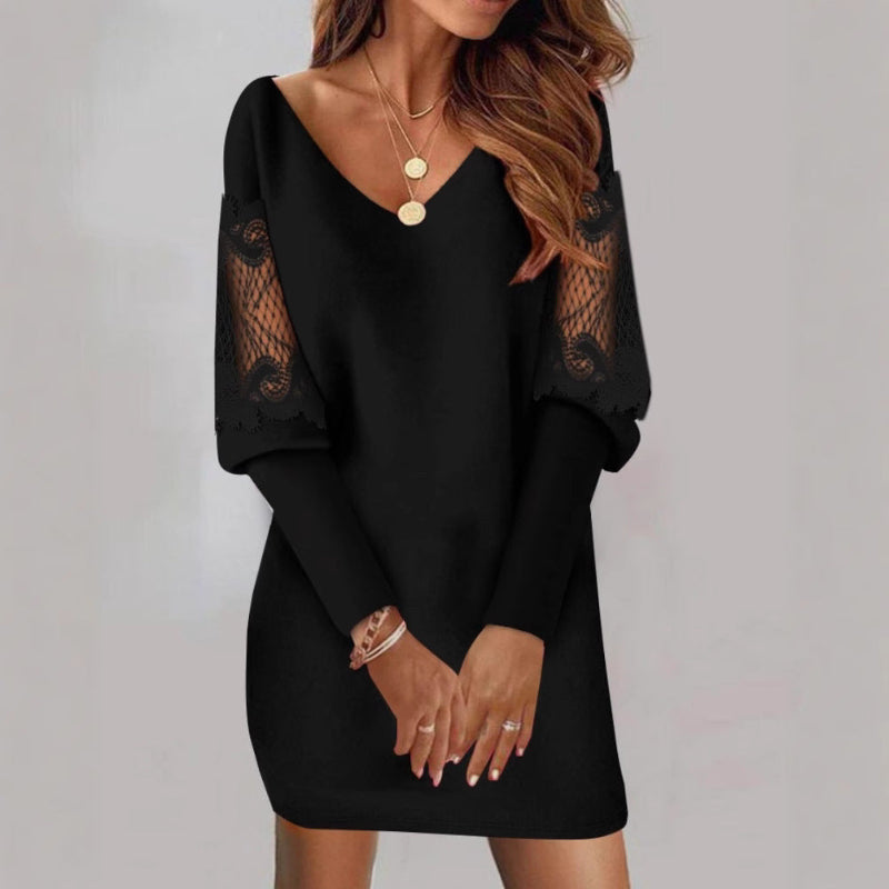 Valentina Rossi V-Neck Dress with Mesh Sleeves