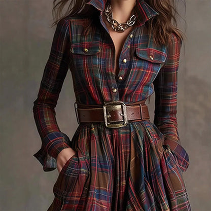 Vintage Plaid Long Maxi Shirt Dress