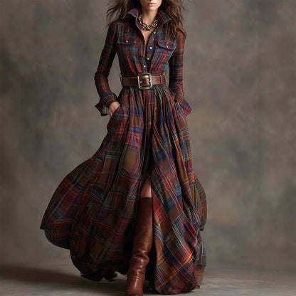 Vintage Plaid Long Maxi Shirt Dress