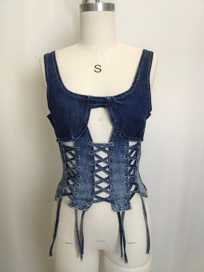 Rebel Stitch Lace-up Denim Corset Top