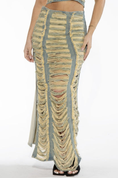 Extreme Shredded Distressed Denim Maxi Skirt