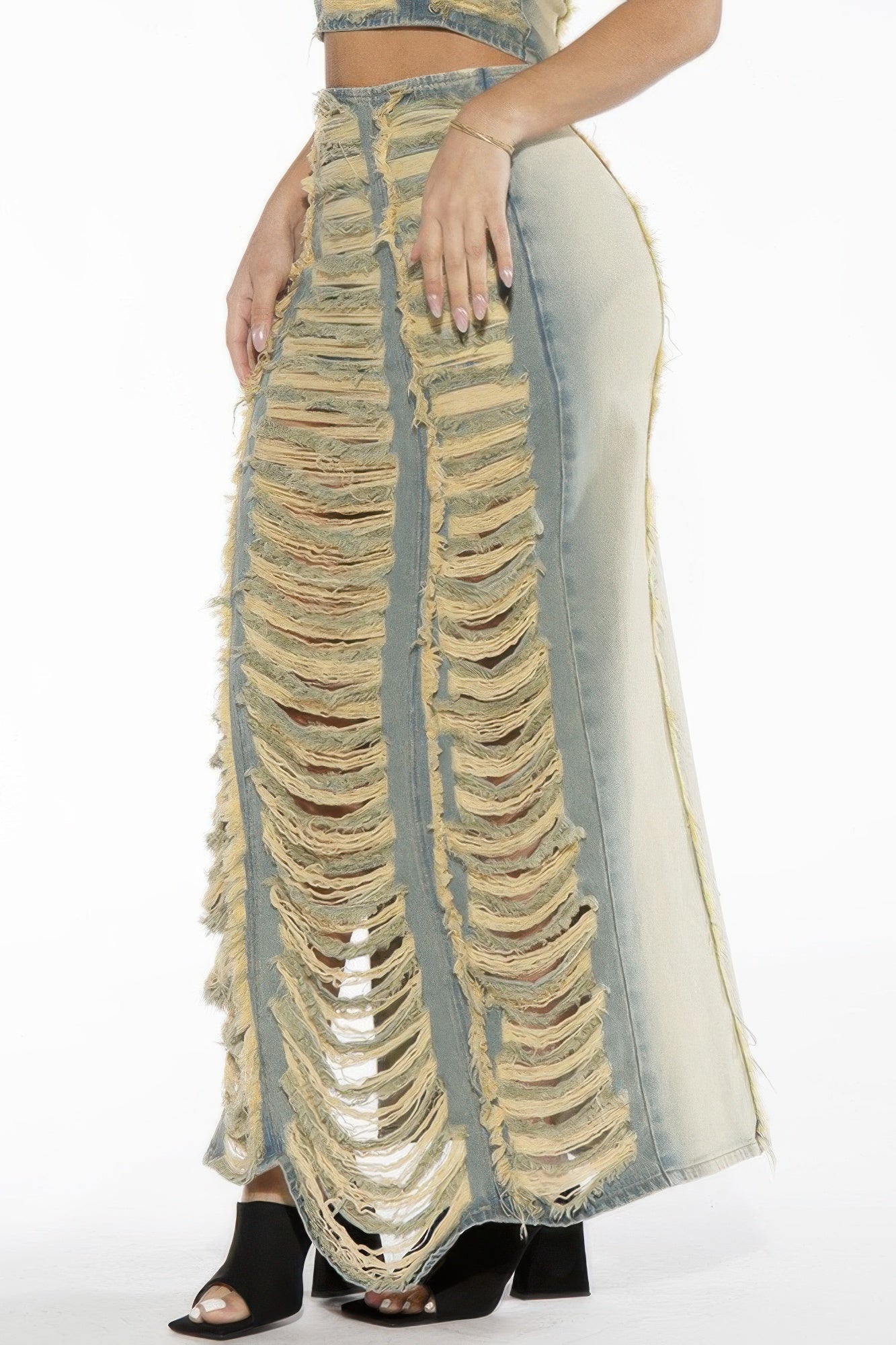 Extreme Shredded Distressed Denim Maxi Skirt