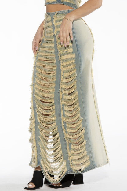 Extreme Shredded Distressed Denim Maxi Skirt
