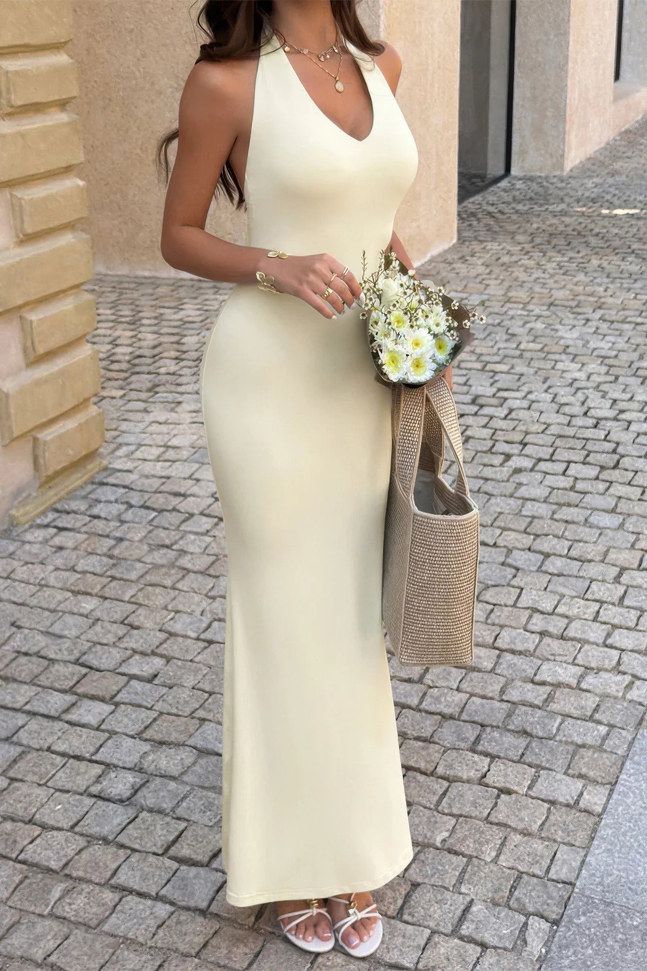 Solid V Neck Halter Maxi Back Split Dress