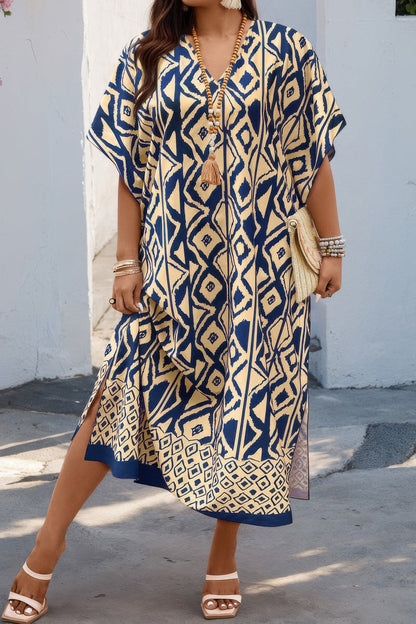 Plus Size All Over Print V Neck Split Dress