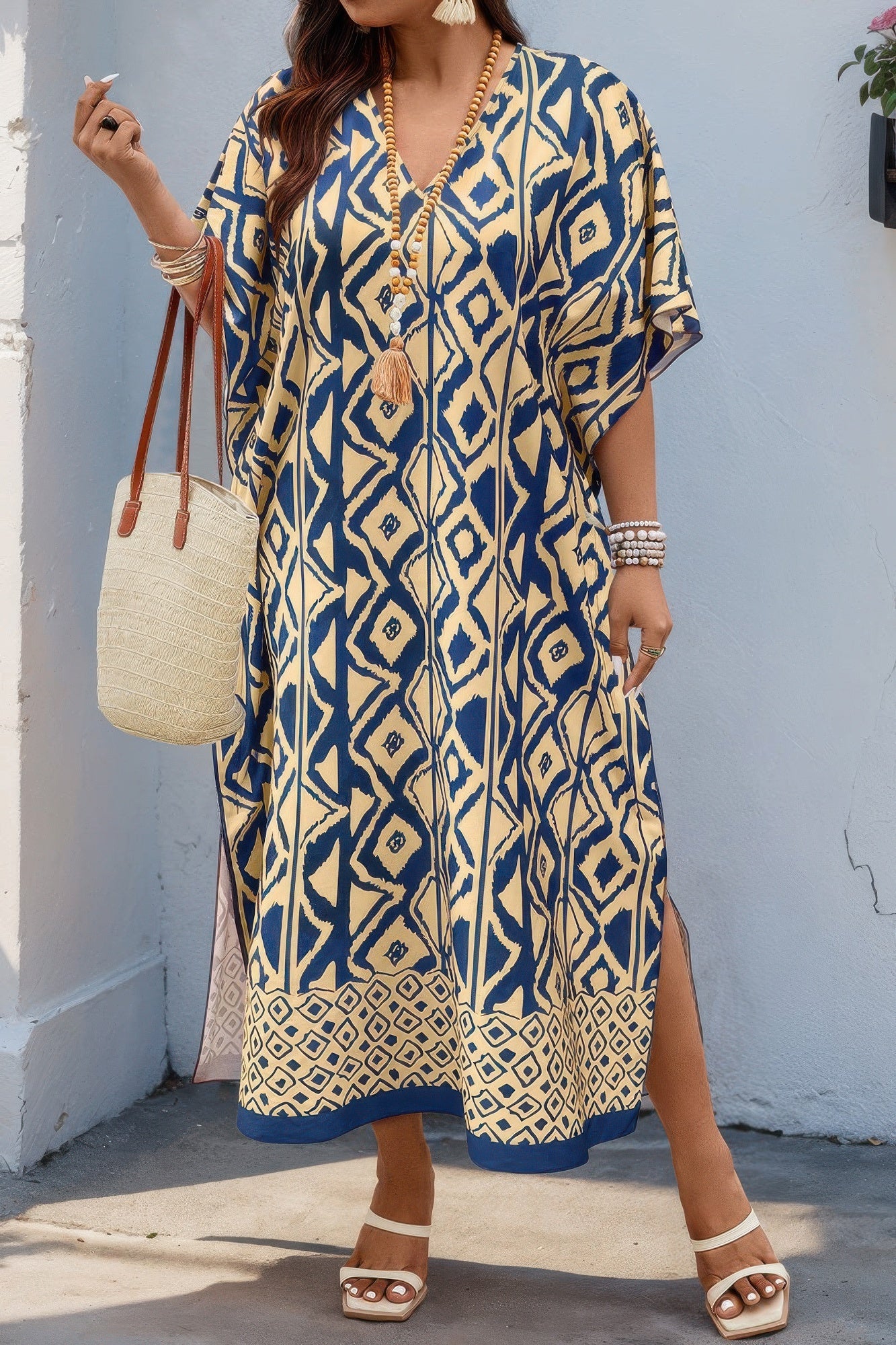 Plus Size All Over Print V Neck Split Dress