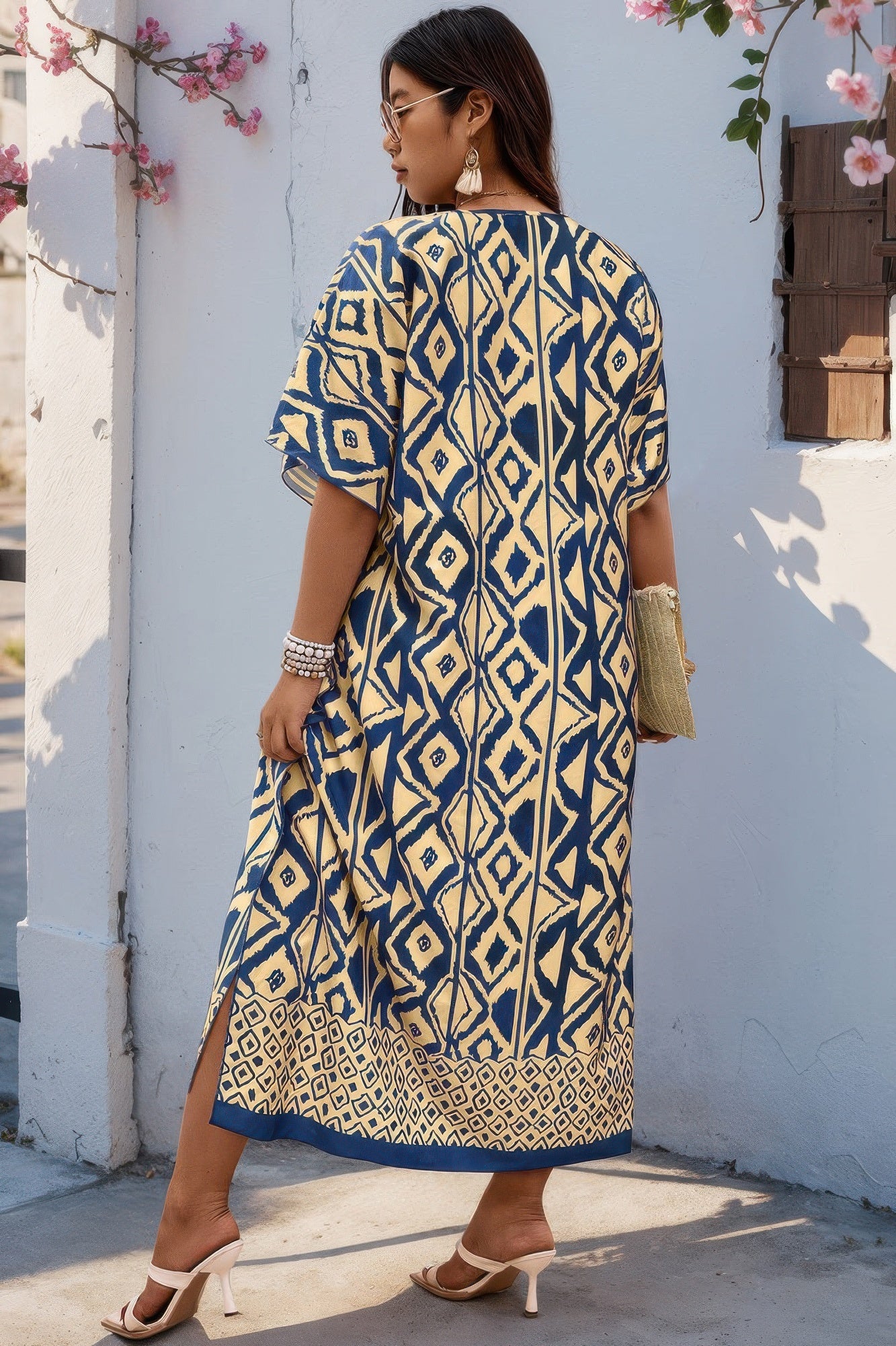 Plus Size All Over Print V Neck Split Dress