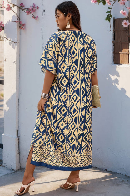 Plus Size All Over Print V Neck Split Dress