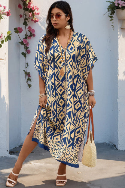 Plus Size All Over Print V Neck Split Dress