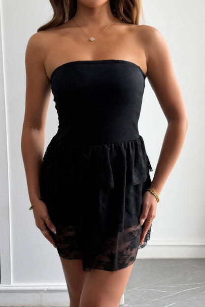 Off Shoulder Strapless Ruffle Lace Mini Dress