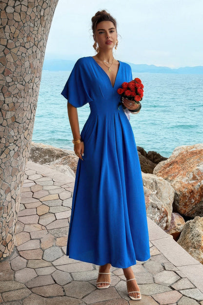 Solid Pleated Batwing Sleeve A Line Full Dress
