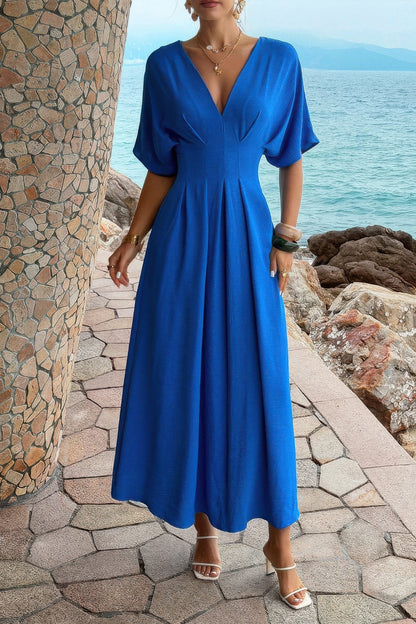 Solid Pleated Batwing Sleeve A Line Full Dress