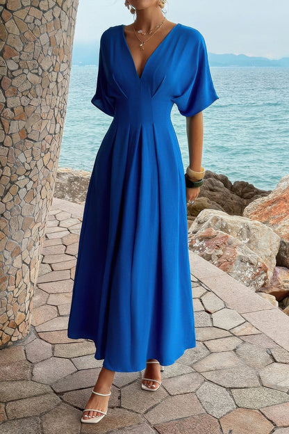 Solid Pleated Batwing Sleeve A Line Full Dress