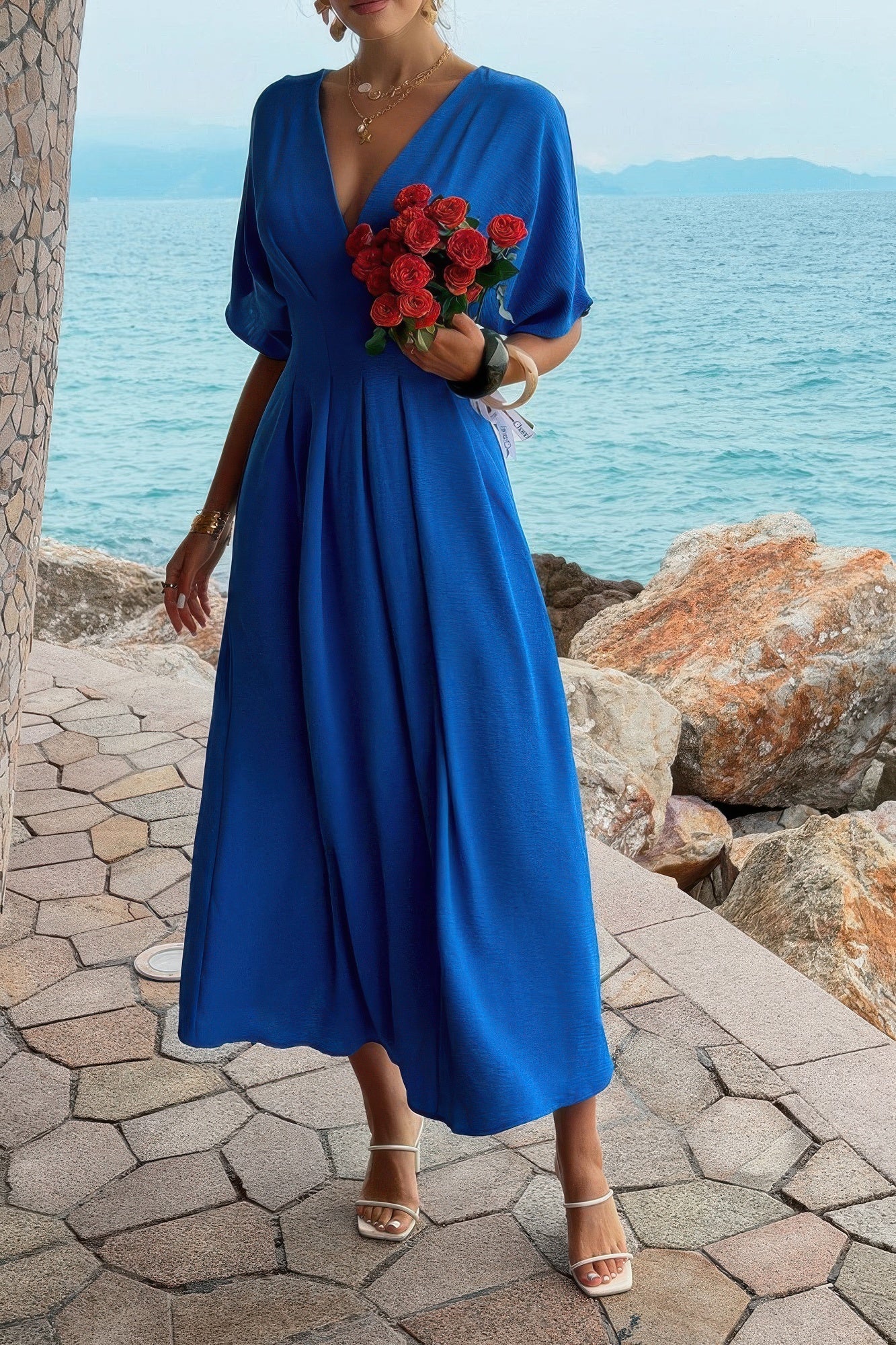 Solid Pleated Batwing Sleeve A Line Full Dress