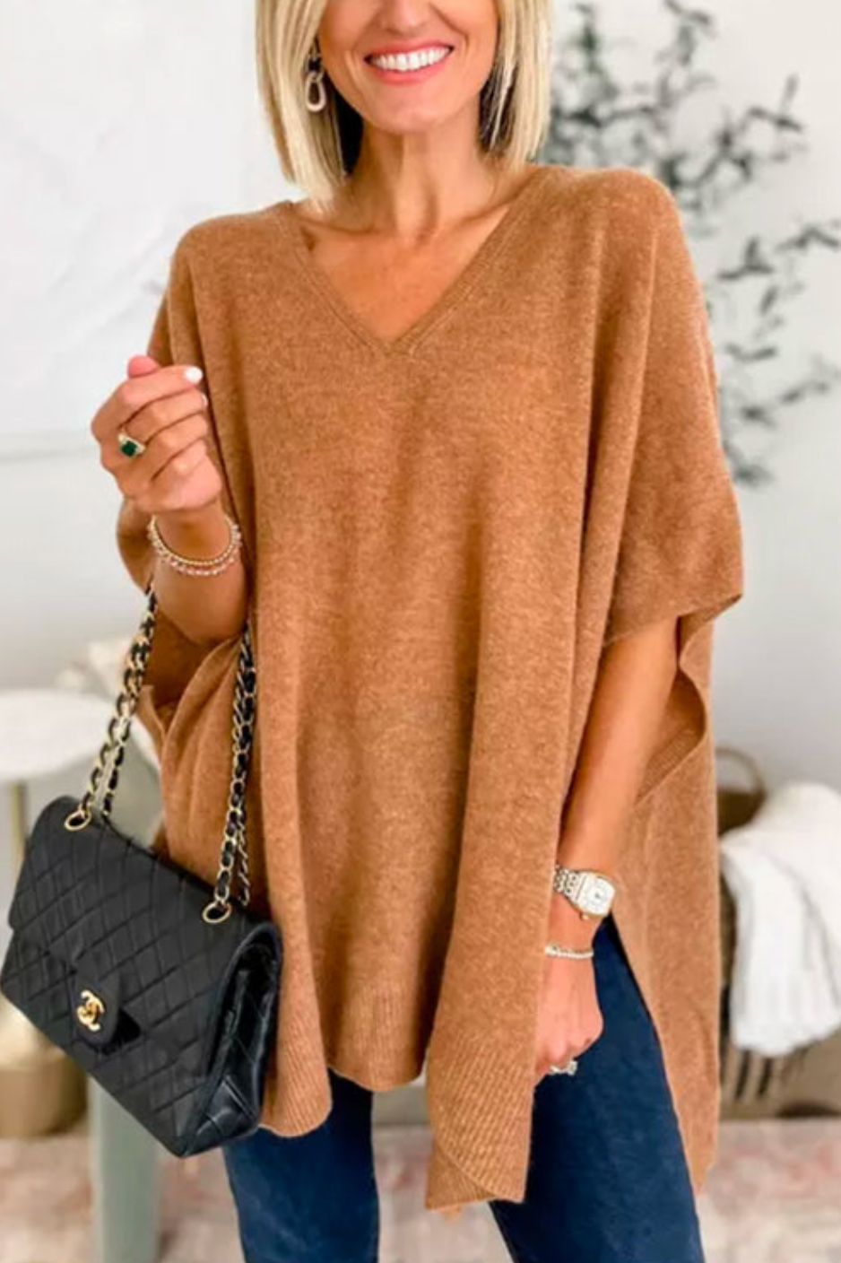 10 Colors V Neck Loose Fit Solid Poncho Sweater Camel