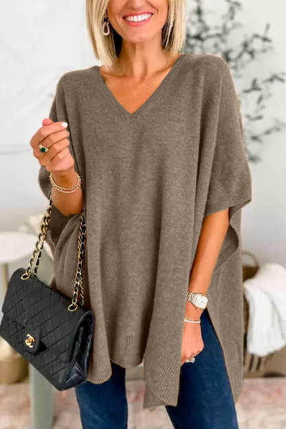 10 Colors V Neck Loose Fit Solid Poncho Sweater Coffee