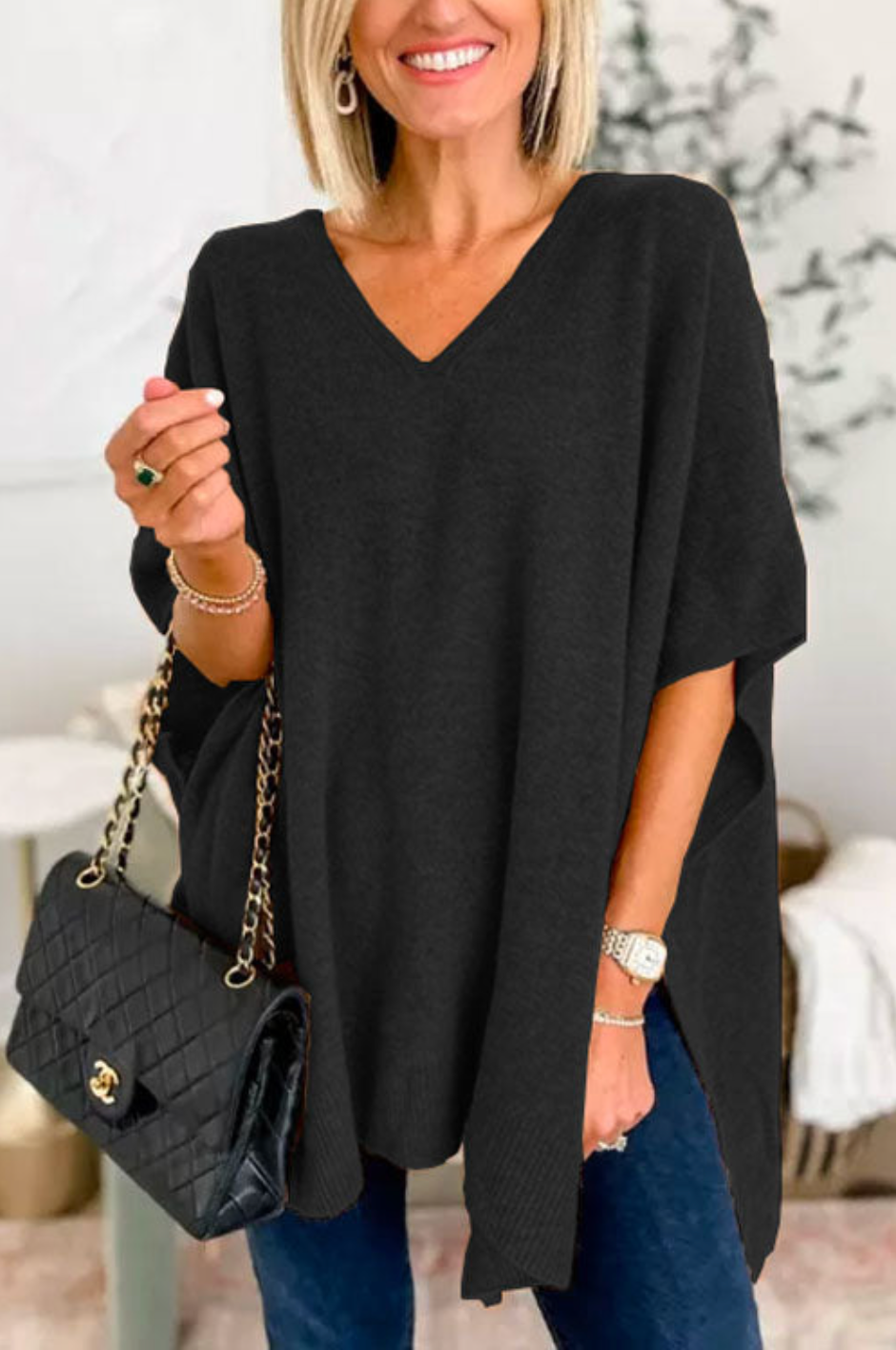 10 Colors V Neck Loose Fit Solid Poncho Sweater Black